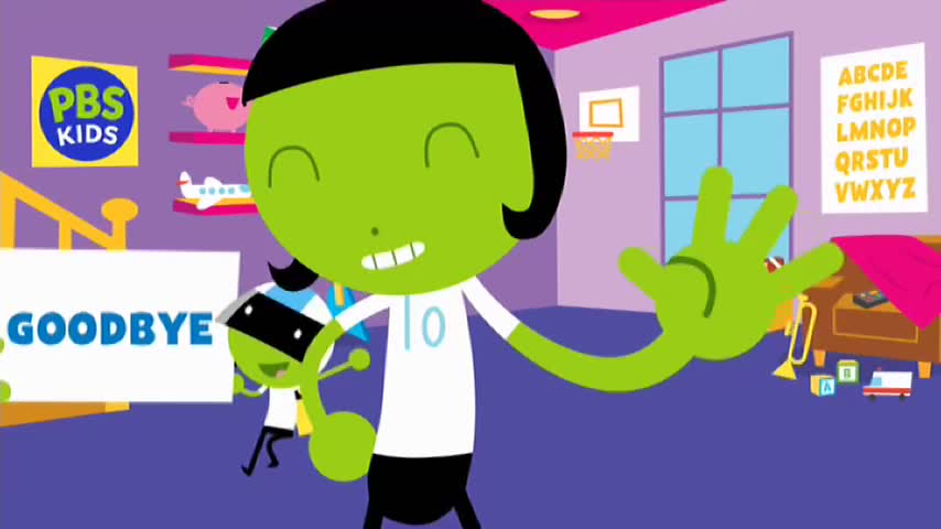 The green cartoon character waves a hand, smiling, as another one holds up a "GOODBYE" sign. A PBS KIDS logo is visible, probably on 10 Bold in Australia.
