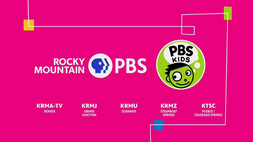 Against a bright pink backdrop, logos for PBS and PBS Kids are displayed, along with the names of several Rocky Mountain stations. A cartoon character with a big smile is featured in a green circle.
