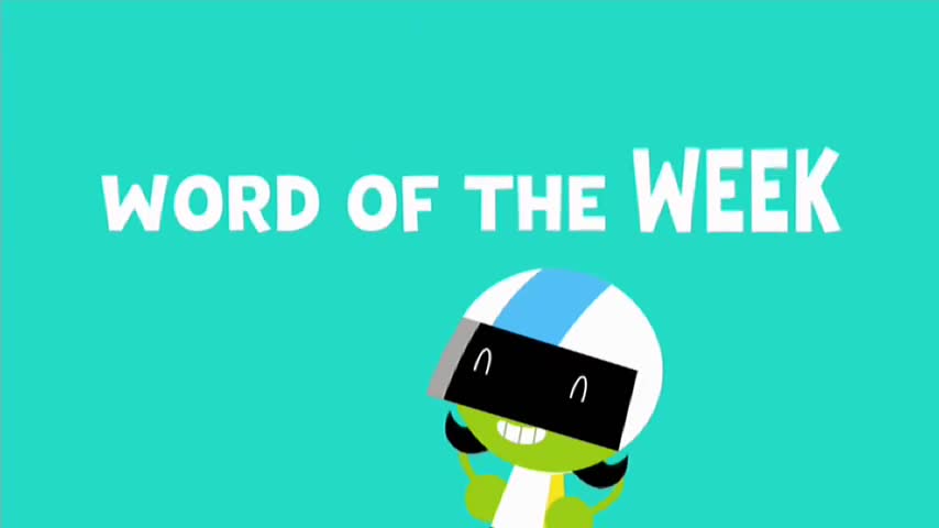 A cartoon character wearing a helmet and visor grins beneath the words "WORD OF THE WEEK." The background is a bright teal, like something you might see on 10 Bold in Australia.
