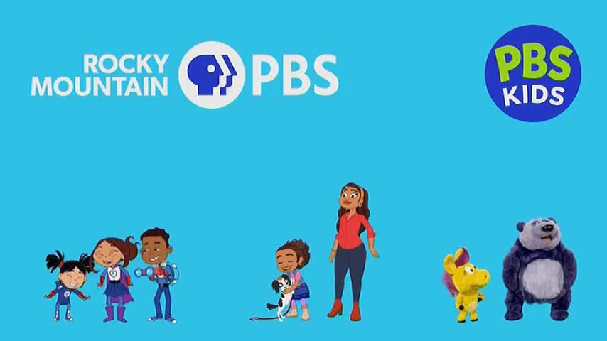 A group of animated kids and a woman stand alongside a cartoon bear and a yellow creature with a purple mane. The PBS logo is at the top, with "Rocky Mountain" above it.
