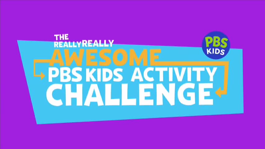 A light blue shape holds the words "The Really Really Awesome PBS Kids Activity Challenge" in bold, white and orange lettering. A PBS Kids logo sits in the top right corner, all against a purple background.
