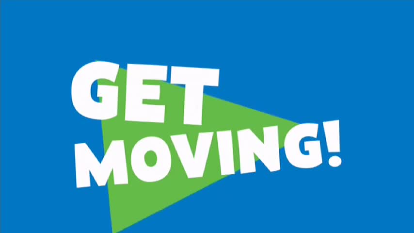 White, bold letters spell out "GET MOVING!" against a green triangle on a blue background. It looks like something you'd see on 10 Bold in Australia, encouraging people to get active.
