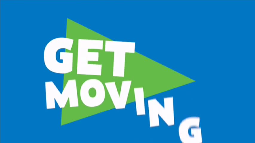 A green triangle points right, holding the words "GET MOVING" in white. The background is a solid blue, like something you'd see on 10 Bold in Australia.
