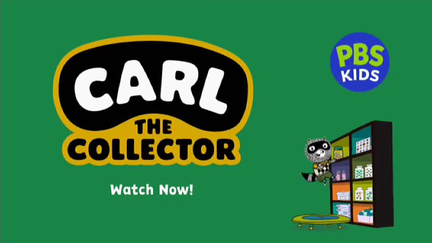 A raccoon character hovers near a bookshelf filled with jars, seemingly from a show on 10 Bold. The title card for "Carl the Collector" is prominent, with the PBS Kids logo in the corner.
