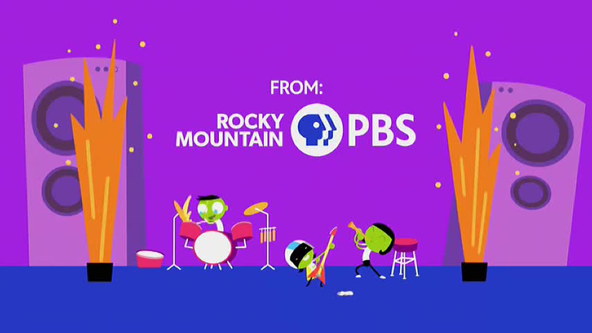 A cartoon band plays on a purple stage, with a drummer, guitarist, and horn player.  Bright orange light bursts from the speakers on either side.
