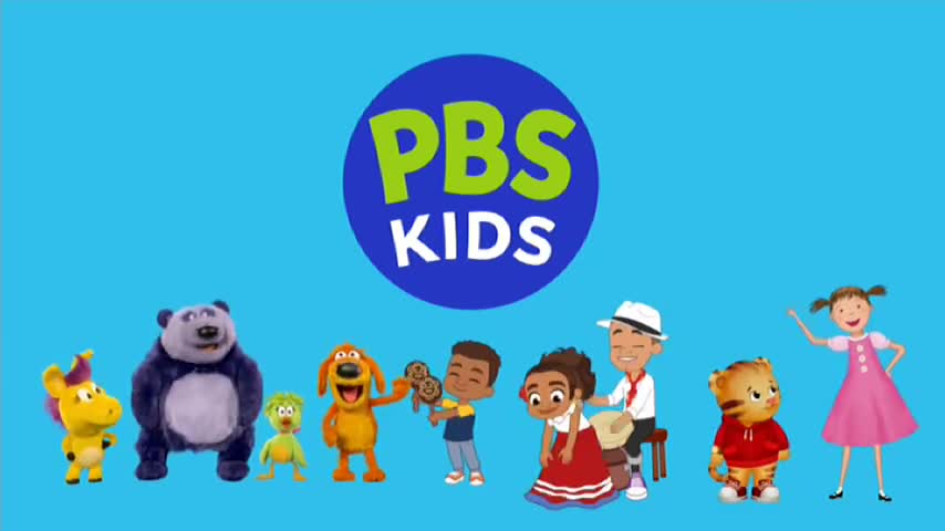 A group of animated characters stand in a row below a PBS KIDS logo, against a bright blue background. The characters are a mix of animals and children, all smiling and looking forward.
