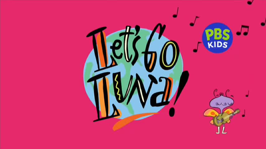 The words "Let's Go Luna!" are written in a playful font against a backdrop of a globe. A cartoon character with a ukulele strums a tune, and musical notes float around.
