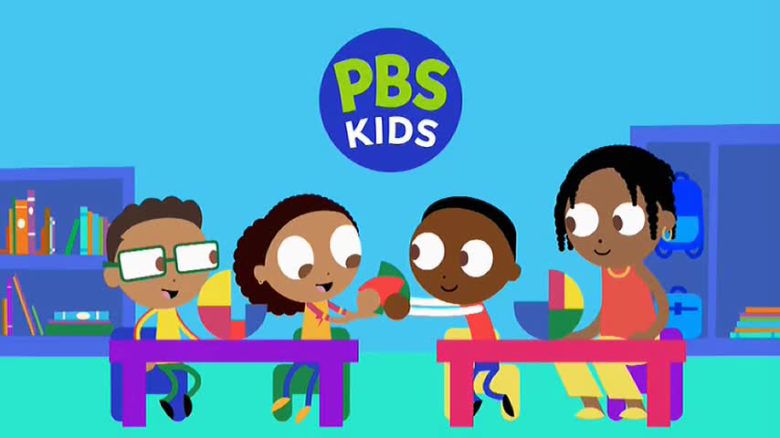 Four cartoon children sit at desks, working with colorful shapes. The PBS KIDS logo hangs above them, a familiar sight on Australian screens.
