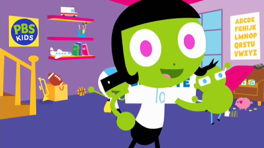A green character in a white "10" jersey holds two smaller green figures. A basketball bounces in the background, and a PBS Kids logo hangs on the wall.
