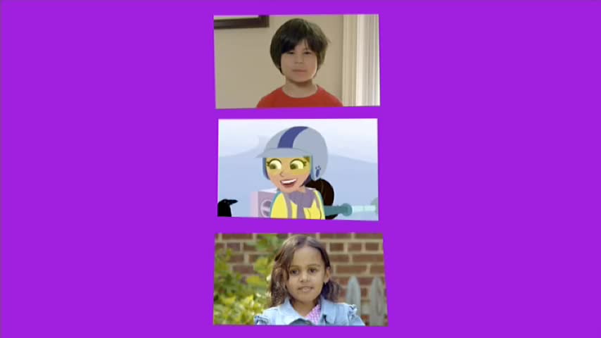 Three different images, stacked on a purple background, show people of different ages. The top one is a boy in a red shirt, the middle is a cartoon character, and the bottom is a girl in a denim jacket.
