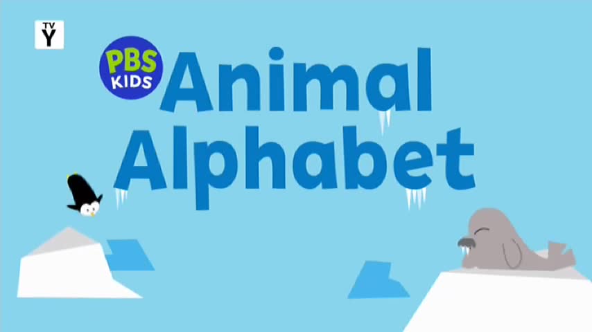 A cartoon penguin leaps from an ice floe as the words "Animal Alphabet" appear in big blue letters. A seal relaxes on another iceberg, all against a pale blue background, like something you'd see on 10 Bold in Australia.
