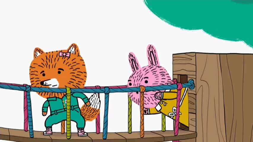 A fox in a green jumpsuit stands on a rope bridge, looking forward. A pink rabbit peeks out from a wooden structure, seemingly watching the fox.
