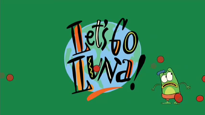 On a green background, the title card for "Let's Go Luna!" from 10 Bold is displayed, and a worried cartoon frog stands nearby. Scattered around the scene are small, red circles.

