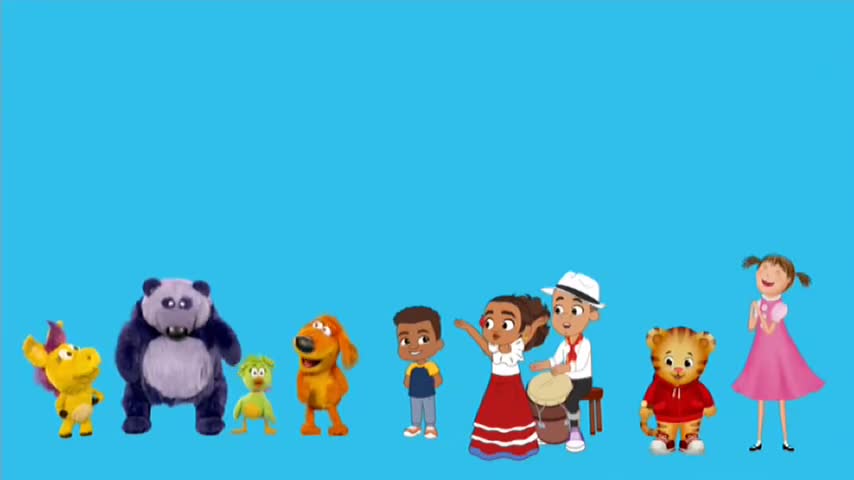 A line of animated characters, including a panda and a tiger, stand against a bright blue background. A group of people are ready to play music, while a little girl in a pink dress smiles.
