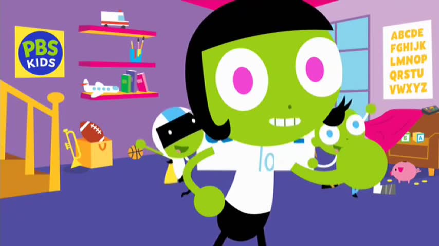 A green character with large pink eyes and a "10" on their shirt is in the foreground, holding a smaller green character. Another green character, wearing a helmet, bounces a basketball nearby.
