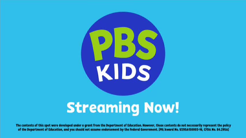 A blue circle with "PBS KIDS" in green and white letters sits in the center of a light blue background. Beneath it, the words "Streaming Now!" appear, with a disclaimer at the bottom.
