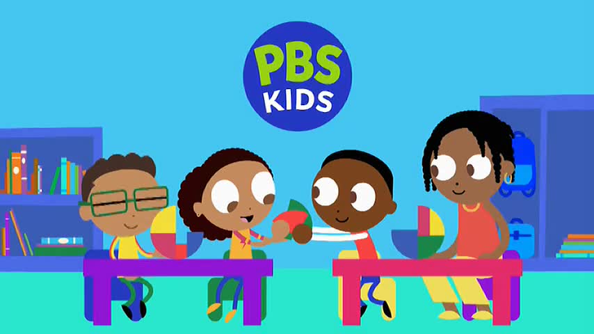 Four children sit at desks, each with a colorful segmented shape in front of them. Two of the kids are passing a red and green object back and forth.
