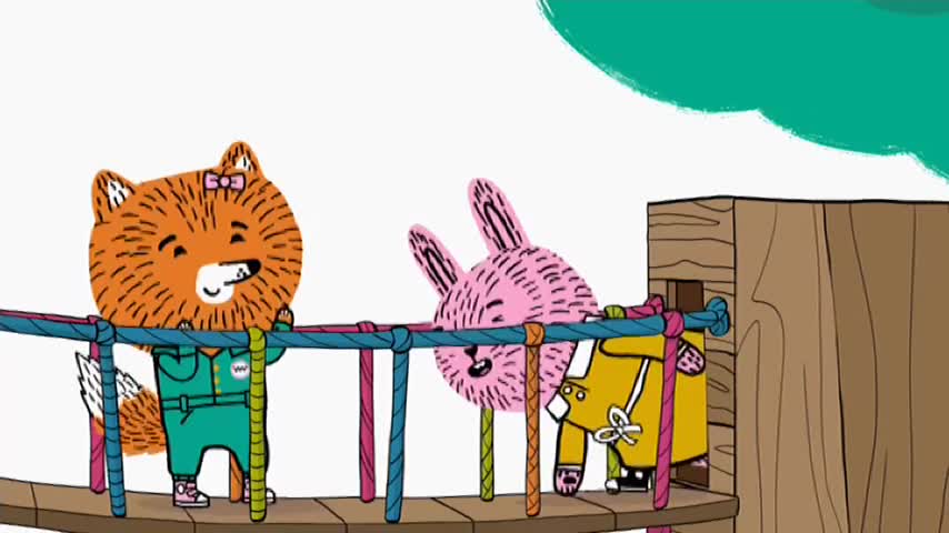 A fox in a green jumpsuit and a pink bow smiles, holding onto a rope bridge. A pink rabbit leans over, while a yellow-clad character disappears into a wooden structure.
