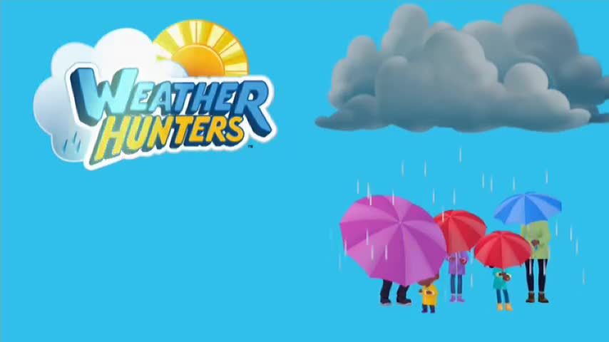 Rain falls from a big, grey cloud, and a group of people with colorful umbrellas stand together. The "Weather Hunters" logo, which airs on 10 Bold in Australia, is visible in the corner.
