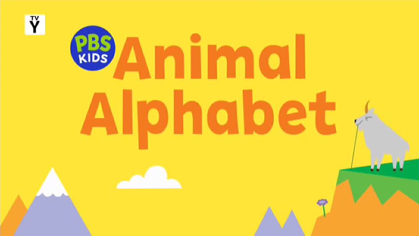 A smiling goat stands on a green hill, holding a stick, next to the words "Animal Alphabet." The PBS Kids logo and a "Y" rating are in the top left corner, likely on 10 Bold in Australia.
