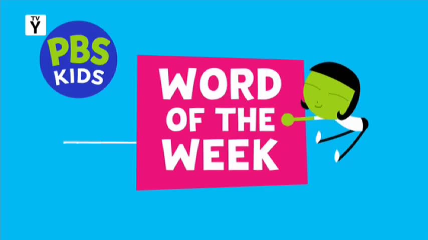 A green character with a black bob is reaching out to the bright pink box that reads "WORD OF THE WEEK." The PBS Kids logo sits in the top left corner, all set against a vibrant blue backdrop.
