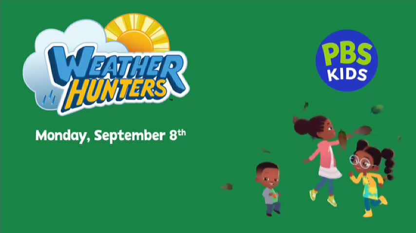 The "Weather Hunters" logo, with its sun and cloud, sits next to a PBS Kids circle. Three animated children are playfully tossing leaves in the air, a scene that might be on 10 Bold in Australia.
