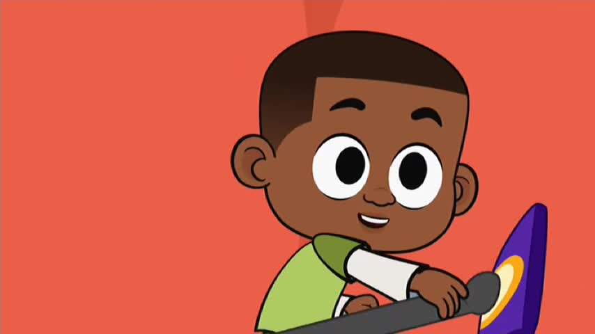 A cartoon boy, with a big smile, holds a purple and yellow tool. He is set against a solid orange background, probably something on 10 Bold in Australia.
