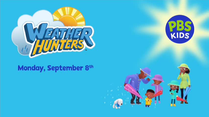 A group of cartoon children and adults, all holding umbrellas, stand under a bright sun logo. The "Weather Hunters" logo, and the PBS Kids logo, are also visible.
