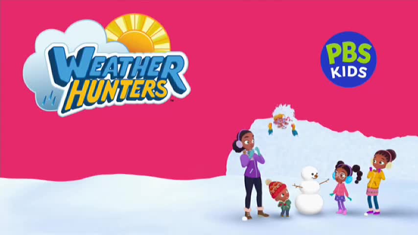 A group of cartoon children are building a snowman, while a logo for "Weather Hunters" appears on the left. The PBS Kids logo is in the top right corner, likely a show on 10 Bold in Australia.

