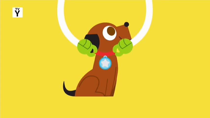 A cartoon dog, with a medal around its neck, sits with its paws up, holding onto a white arc. It's a scene from a 10 Bold show in Australia, designed for younger viewers.
