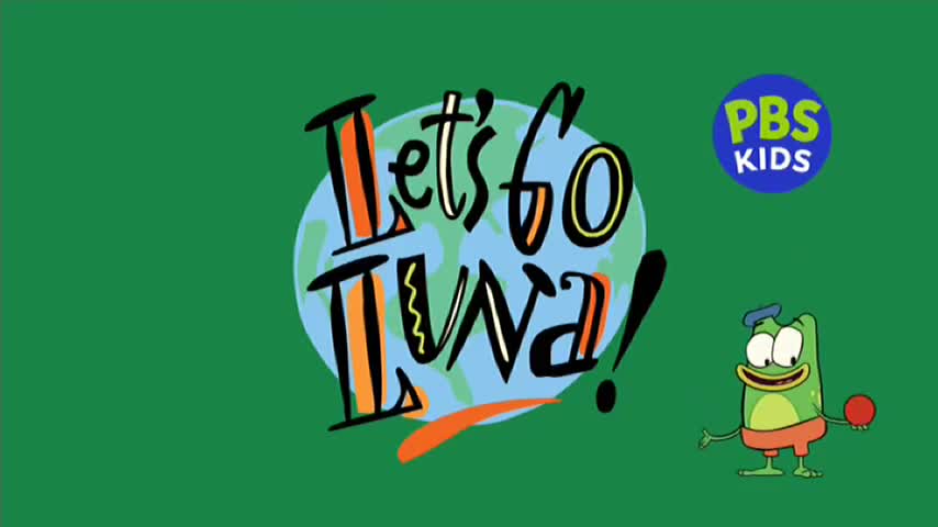 The title card for "Let's Go Luna!" is displayed against a green backdrop, with a cartoon frog holding a ball. The PBS Kids logo sits in the upper right corner.

