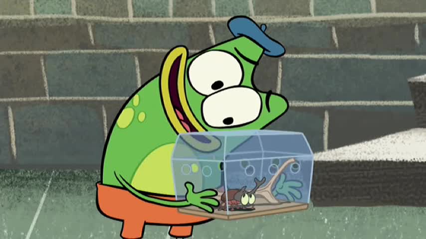 A cheerful green frog in a blue beret holds a clear box containing a bug and some sort of branch. He's grinning widely, and his orange pants are visible.
