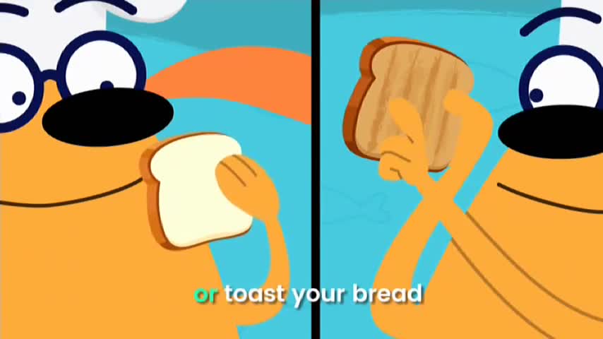 A cartoon character, likely from an Australian children's show on 10 Bold, holds a slice of white bread on one side and a piece of toast on the other. The text below suggests a choice: "or toast your bread."
