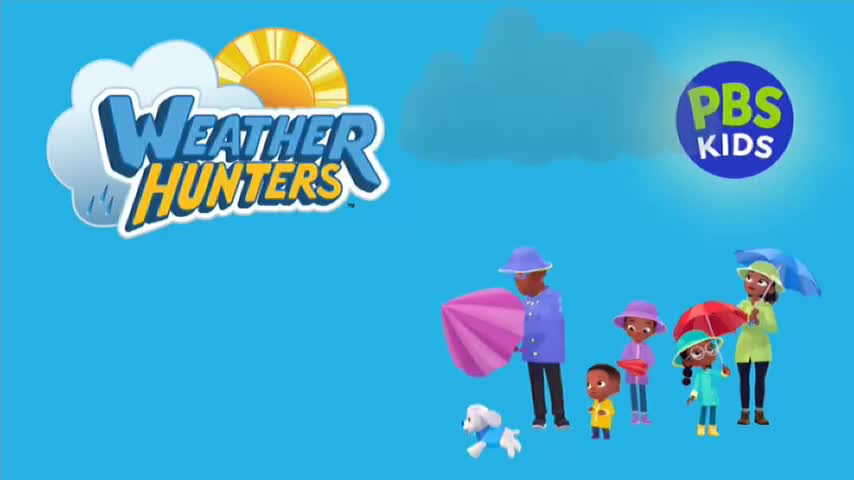 A family, with umbrellas raised, stands under a cartoon sky, likely anticipating a downpour. The "Weather Hunters" logo and the PBS Kids emblem suggest this is a show for children, perhaps on 10 Bold in Australia.
