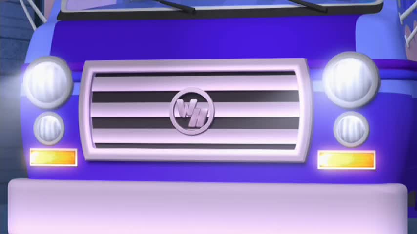 The front of a blue cartoon van is lit up, its headlights shining brightly. The grill has a logo, and the bumper is a light purple.
