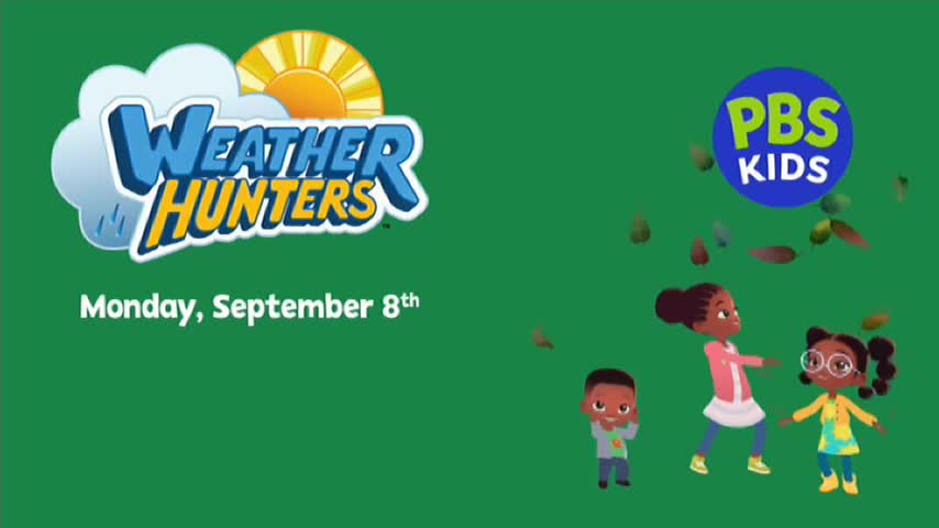 Three animated children stand on green, with leaves floating around them. The "Weather Hunters" logo and "PBS KIDS" are also visible, likely a program on 10 Bold in Australia.
