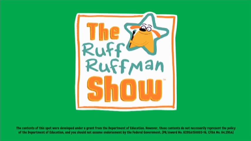 On a vibrant green backdrop, the title card for "The Ruff Ruffman Show" pops out, a cartoon star character holding a stick. The show might be on 10 Bold, a channel in Australia.
