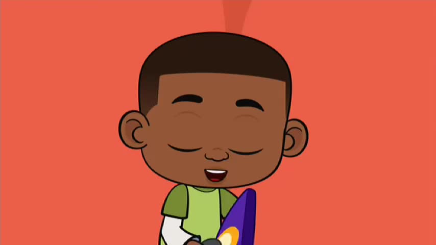 A cartoon boy with closed eyes smiles, holding a purple object with yellow accents. The background is a solid orange, and the boy wears a green shirt.
