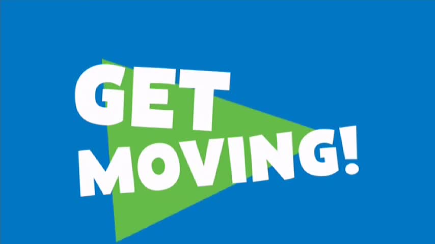 The words "GET MOVING!" leap out in bold white letters, set against a green triangle. A vibrant blue background fills the rest of the screen, perhaps a promo from 10 Bold in Australia.
