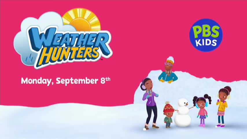 The "Weather Hunters" logo, with a sun and cloud, sits above a group of animated kids playing in the snow. It looks like a promo for a show on PBS Kids.
