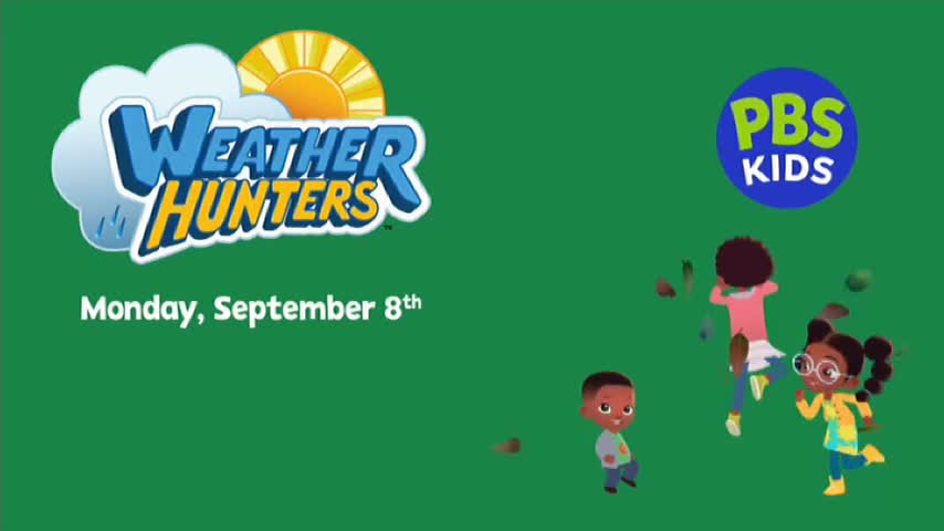 The "Weather Hunters" logo sits above the date, Monday, September 8th, on a green backdrop. Three animated children are playfully interacting, with leaves floating around them.
