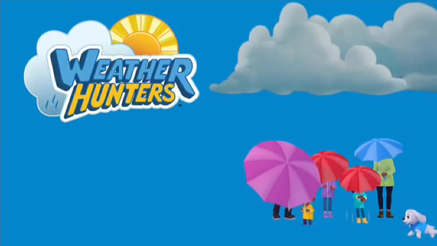 The "Weather Hunters" logo from 10 Bold sits in the corner as a group of figures stand under colorful umbrellas. A small dog in a blue coat trots nearby.
