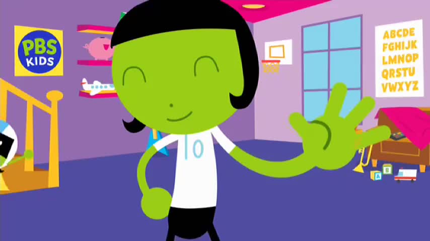A green character with a number 10 on their shirt smiles, extending a hand. The background features a room with toys, a basketball hoop, and a PBS Kids logo.
