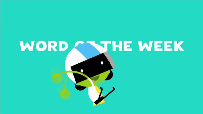 Above a green, animated character, the words "WORD OF THE WEEK" are displayed in white. The character is wearing a helmet and appears to be swinging its arm, with a trail of green dots behind it.
