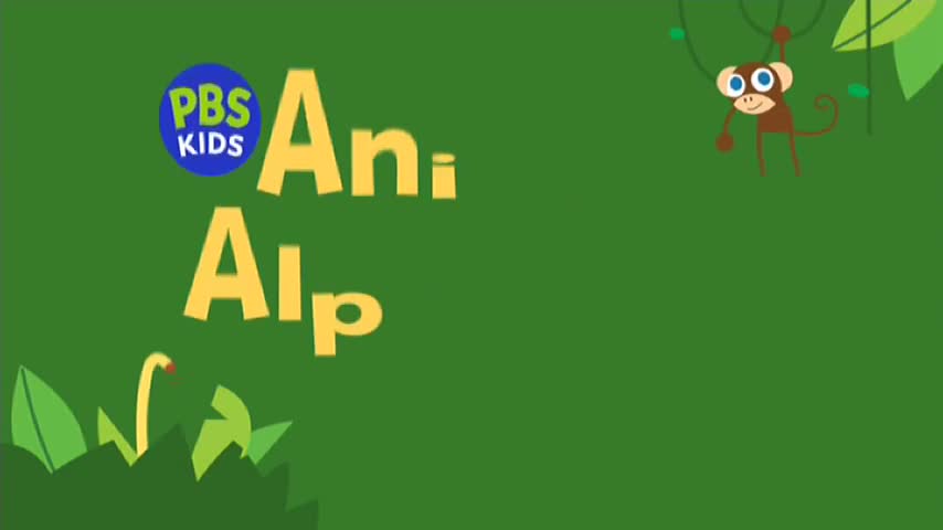 The title card for "Animalia" on PBS Kids is set against a green background. A cartoon monkey hangs from a vine, while the show's name is spelled out in yellow letters.
