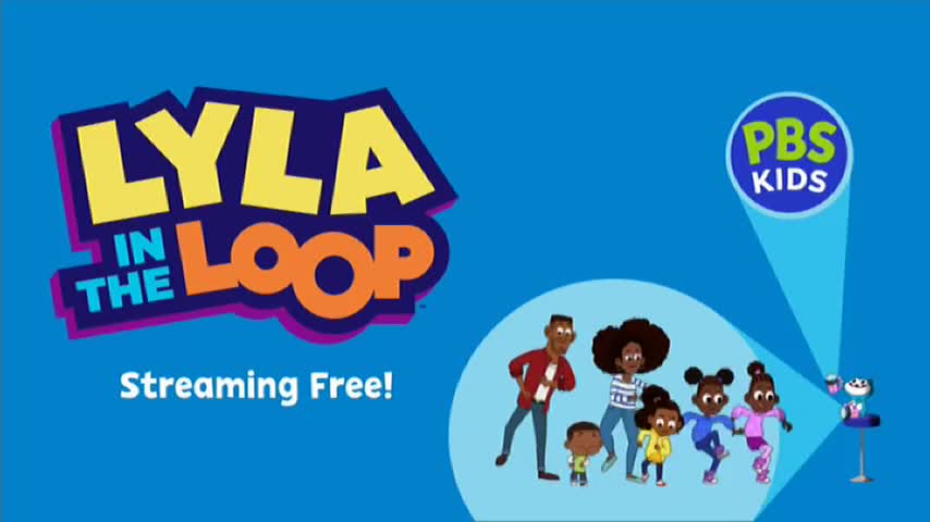 A family of cartoon characters stands against a blue backdrop, with the title "Lyla in the Loop" in large, colorful letters above them. The PBS Kids logo shines a spotlight on a small, animated device in the corner.
