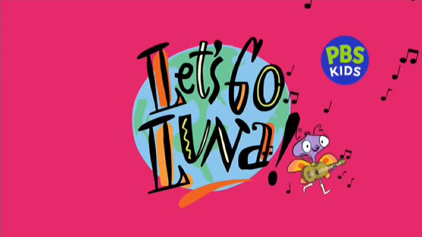 The words "Let's Go Luna!" are written in bold, colorful letters above a cartoon globe. A small, bug-like character strums a guitar, with musical notes scattered around the scene.
