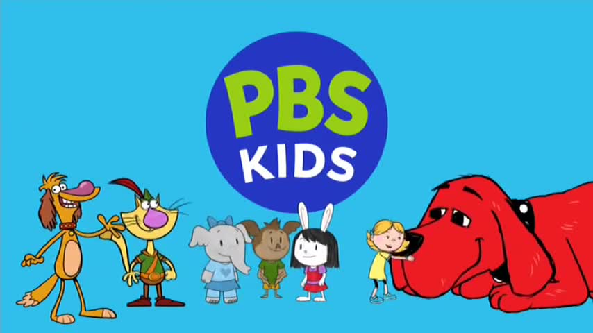 A collection of animated characters, including a giant red dog, stand in front of a PBS KIDS logo. A girl in a yellow dress hugs the dog's nose, while the other characters look toward the viewer.
