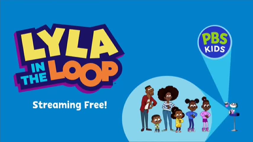 A bright, bold logo for "Lyla in the Loop" sits above a family of six. The PBS Kids logo shines a spotlight on a small, animated character.

