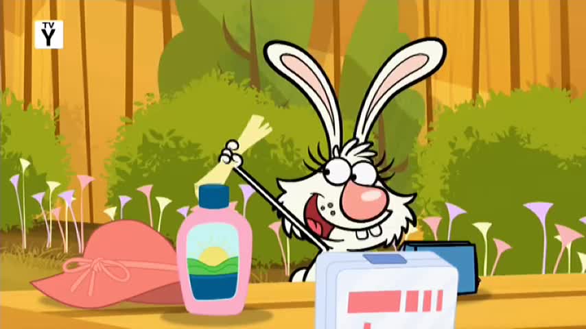 A cartoon rabbit grins, holding a straw in the air. Beside it, a pink hat and sunscreen bottle sit on a wooden surface, ready for a day out.
